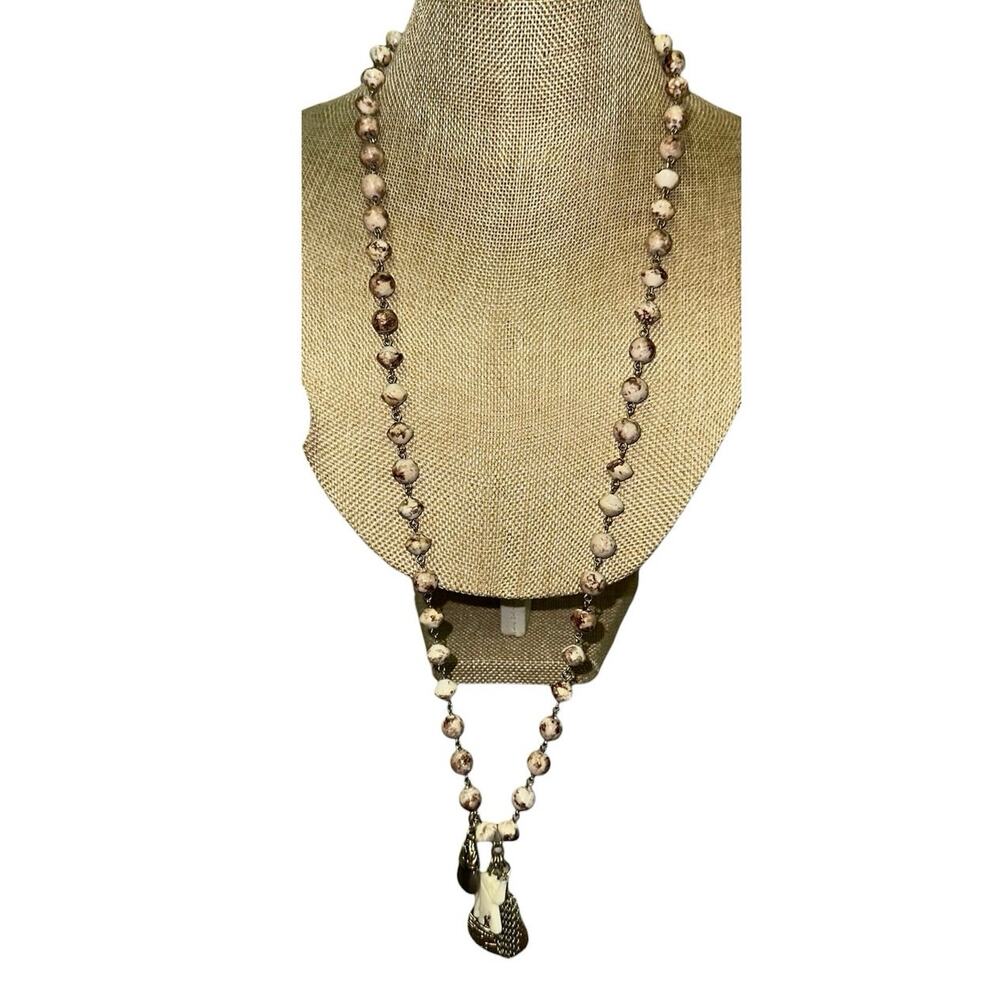 Chico's Beaded Pendant‎ Necklace Boho Neutral Stone Look Charm Tassel Long
